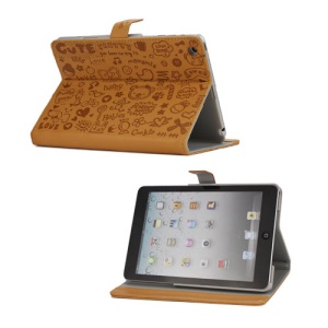Cute Cartoon Graffiti Leather Stand Case for iPad Mini - Brown