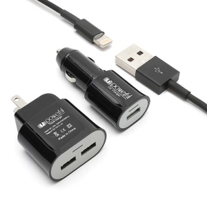 3 in 1 2-USB Port 1A AC Wall Adapter US Plug + Car Charger + Lightning USB Cable for iPhone 5 iPad Mini - Black