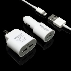 3 in 1 2-USB Port 1A AC Wall Adapter US Plug + Car Charger + Lightning USB Cable for iPhone 5 iPad Mini - White