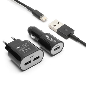 3 in 1 2-USB Port 1A AC Wall Adapter EU Plug + Car Charger + Lightning USB Cable for iPhone 5 iPad Mini - Black