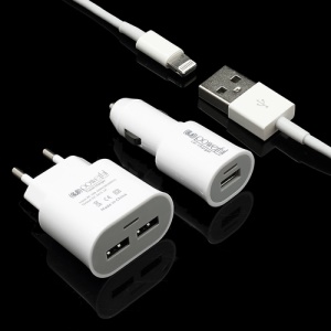 3 in 1 2-USB Port 1A AC Wall Adapter EU Plug + Car Charger + Lightning USB Cable for iPhone 5 iPad Mini - White