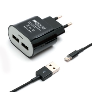 EU Plug 5V 1A Dual USB Port AC Wall Charger w/ Lightning USB Cable for iPhone 5 iPad Mini iPod Touch 5- Black