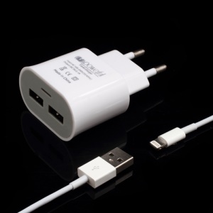 EU Plug 5V 1A Dual USB Port AC Wall Charger w/ Lightning USB Cable for iPhone 5 iPad Mini iPod Touch 5 - White