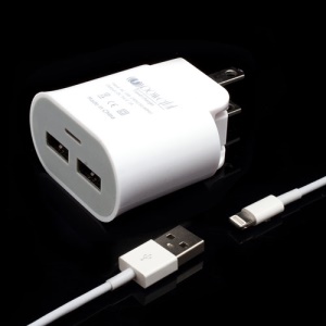 US Plug 5V 1A Dual USB Port AC Wall Charger w/ Lightning USB Cable for iPhone 5 iPad Mini iPod Touch 5 - White
