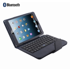 Removable Bluetooth Wireless Keyboard Protective Leather Case Cover Stand for iPad Mini - Dark Blue
