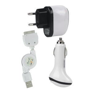 3 in 1 AC Wall Charger + USB Cable + Car Charger Kit for iPhone 4S 4 3G 3GS 2G iTouch - Blister Packing