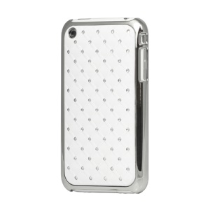 Sparkling Rhinestone Plating Checkered Rubber Hard Case for iPhone 3GS/3G - White