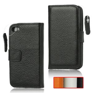 Wallet Style Genuine Leather Case with Magnetic Flip for iPhone 4