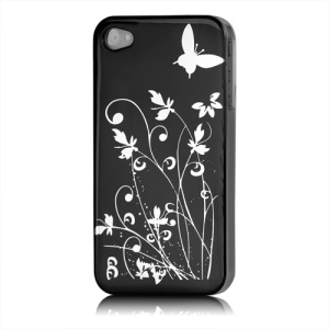 Butterfly Flowers Lacquered Hard Case for iPhone 4 - Black