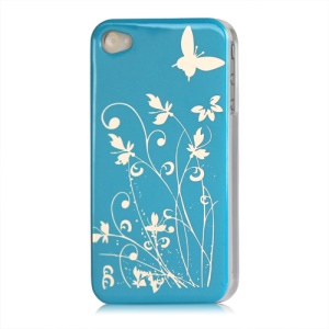 Butterfly Flowers Lacquered Hard Case for iPhone 4 - Blue