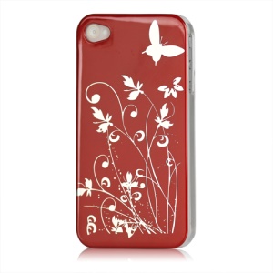 Butterfly Flowers Lacquered Hard Case for iPhone 4 - Red