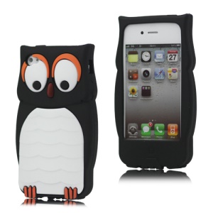 Cute Owl Designs Flexible Silicone Case Cover for iPhone 4 4S - Black