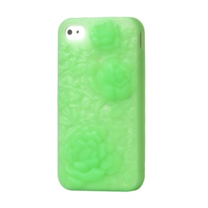 3D Flowers Silicone Skin Cover for iPhone 4 4S - Green