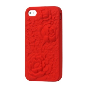 3D Flowers Silicone Case Cover for iPhone 4 4S - Red