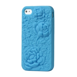 3D Silicone Flowers Cover for iPhone 4 4S - Blue