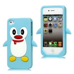 Cute Penguin Silicone Skin Case Cover for iPhone 4 4S - Light Blue