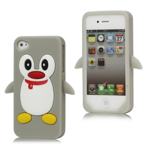 Cute Penguin Silicone Skin Case Cover for iPhone 4 4S - Grey