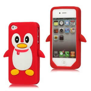 Cute Penguin Silicone Skin Case Cover for iPhone 4 4S - Red