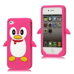 Cute Penguin Silicone Skin Case Cover for iPhone 4 4S - Rose