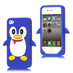 Cute Penguin Silicone Skin Case Cover for iPhone 4 4S - Dark Blue