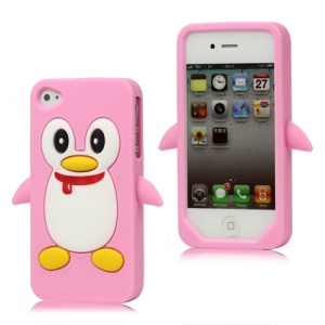 Cute Penguin Silicone Skin Case Cover for iPhone 4 4S - Pink
