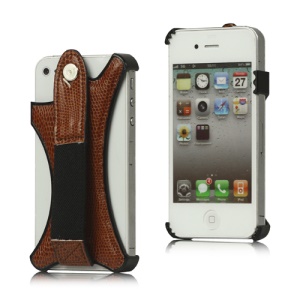 Lizard Leather Skin Plastic Case with Band Holder for iPhone 4 4S - Brown