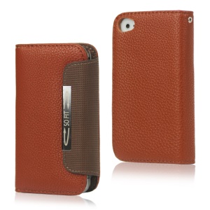 Folio Leather Wallet Case for iPhone 4 4S with Strap - Brown
