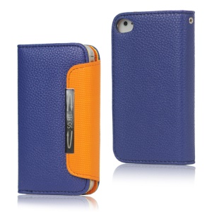 Folio Leather Wallet Case for iPhone 4 4S with Strap - Blue