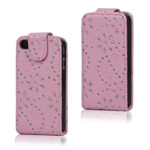 Floral Glitter Powder Leather Flip Case Accessories for iPhone 4 4S - Pink