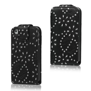 Floral Glitter Powder Leather Flip Case Accessories for iPhone 4 4S - Black