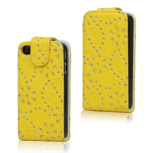 Floral Glitter Powder Leather Flip Case Accessories for iPhone 4 4S - Yellow