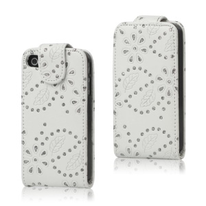 Floral Glitter Powder Leather Flip Case Accessories for iPhone 4 4S - White