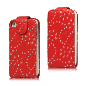 Floral Glitter Powder Leather Flip Case Accessories for iPhone 4 4S - Red