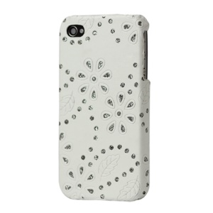 Glittery Powder Floral Leather Coated Hard Case Cover for iPhone 4 4S - White