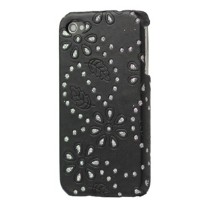 Glittery Powder Floral iPhone 4 4S Leather Hard Case Cover - Black