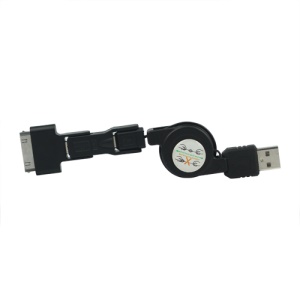 Retractable USB to 30 Pin/Mini USB/Micro USB Charging Cable - Black