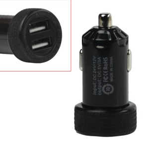 3A Car Cigarette Powered Dual USB Charger Adapter - Black