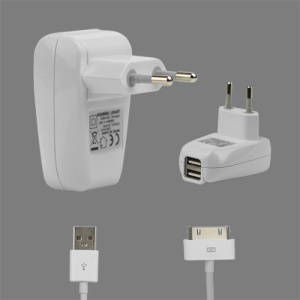 2 in 1 Dual USB Wall Travel Charger with Charge Cable for iPad iPhone iPod - EU Plug