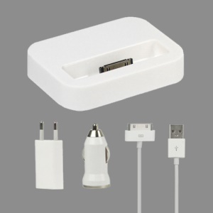 4 in 1 Charger Kit for iPhone 4S 4 3GS 3G (Car Charger + EU Plug Wall Charger + Dock Cradle + Cable)