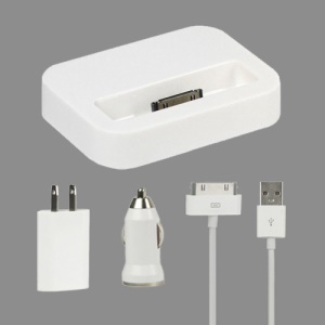 4 in 1 Charger Kit for iPhone 4S 4 3GS 3G (Car Charger + US Plug Wall Charger + Dock Cradle + Cable)