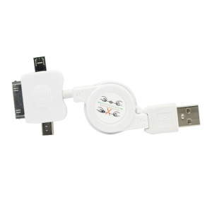 3 in 1 Mini Micro Retractable USB Sync Data Charger Cable for iPhone 4S 4 iPod - White