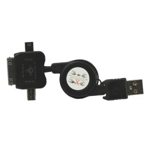 3 in 1 Mini Micro Retractable USB Sync Data Charger Cable for iPhone 4S 4 iPod - Black
