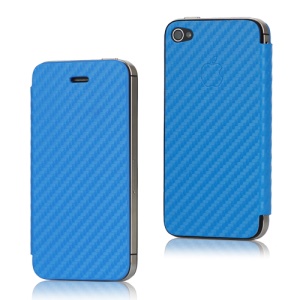 Leather Skin Carbon Fiber iPhone 4S Housing Back Cover with Front Case - Blue