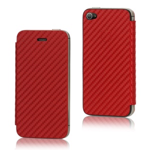 Leather Skin Carbon Fiber Housing with Front Cover for iPhone 4S - Red