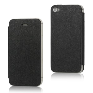 Leather Skin iPhone 4S Flip Cover (Back Housing + Front Cover + Free Pentacle Screwdriver) - Black