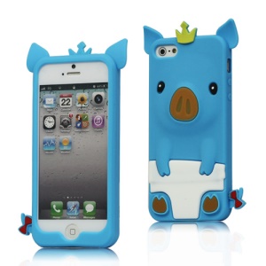 Cute 3D Crown Pig Silicone Case Cover for iPhone 5 - Blue