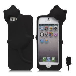 3D Diffie Cat Silicone Soft Case Cover with Earphone Jack Plug for iPhone 5 - Black