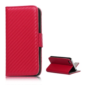 Carbon Fibre PU Leather Wallet Magnetic Case Cover Stand for iPhone 5 - Red
