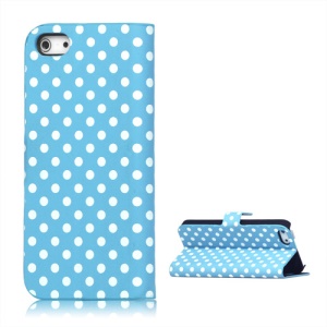 Polka Dots Leather Stand Case Cover for iPhone 5 - Blue