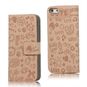 Cute Cartoon Magnetic Leather Folio Case Cover for iPhone 5 - Pink